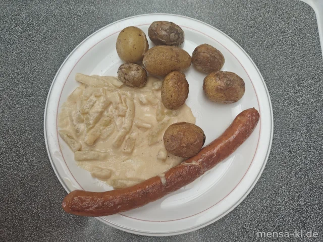 Käsekrainer (1,2,8,La,R,S) mit gekräuterte Ofenkartoffeln und Rahmkohlrabi (Gl,La)