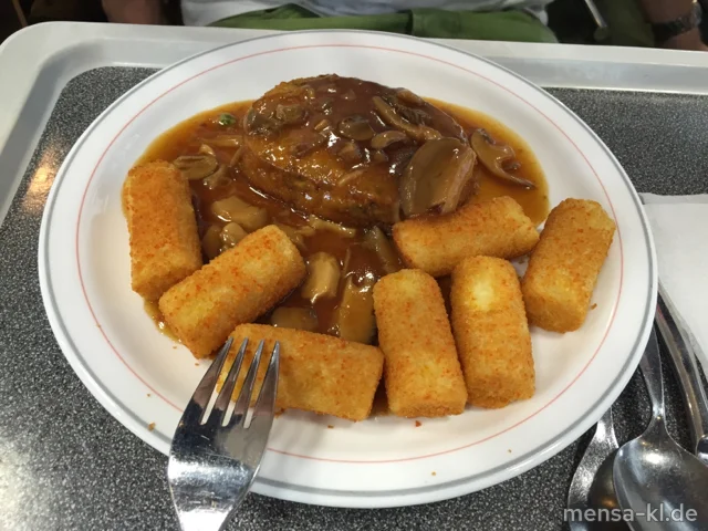 Gemüsekrustie "Jäger Art" (2,5,Sw,V,V+) mit Kroketten (Gl,V,V+) und Salat (V,V+) | Vegan