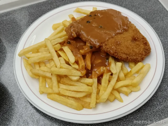 Paniertes Schweineschnitzel (Gl,Ei,S) mit Pfeffersoße (Gl), Pommes frites und Erbsen-Karotten-Gemüse (1,So)