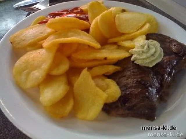 Argentinisches Rumpsteak (R) mit Kräuterbutter und Pommes-Chips