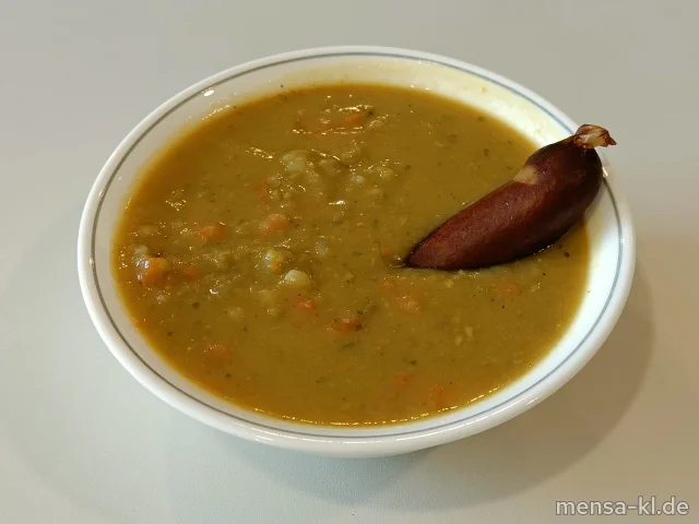 Erbseneintopf (Sl) zusätzlich 1,90 € mit Wiener Würstchen (2,3,8,S) oder Rindswurst (1,2,3,8,9,Sf,R,L), dazu eine Scheibe Bauernbrot (Gl)