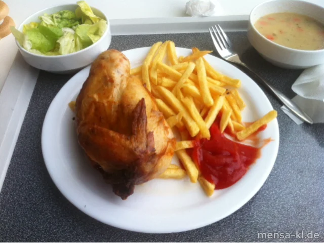 1/2 Brathähnchen (G,Lfrei) mit Pommes frites (Lfrei) und Salat (Lfrei)