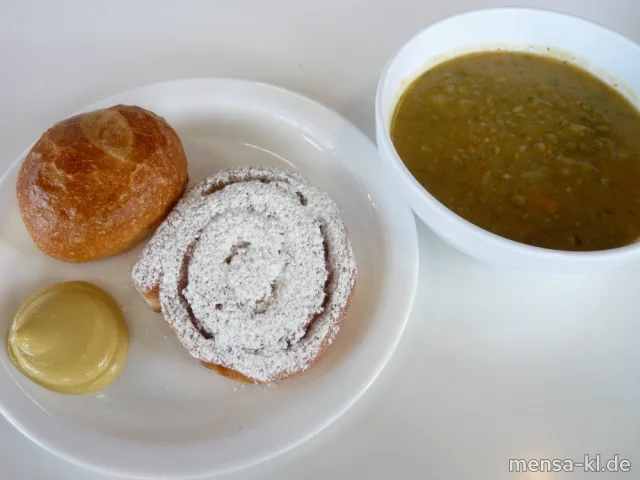Erbsensuppe (La,Sl,Sf,V) mit einem Apfelberliner (5,Gl,Ei,La,Sw,V) und einem Bio-Weizenbrötchen (Gl,So,V)