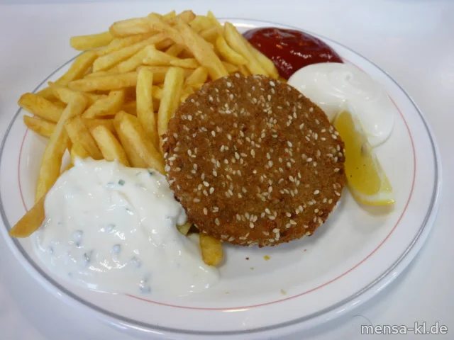 Vollkorn-Pilz-Bratling (Gl,Ei,La,Sl,Se) mit Schnittlauch-Dip (La), Pommes frites und Salat