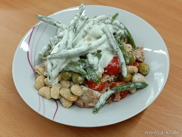 Nizza Salat mit Thunfisch, Eier, Bohnen, Oliven, Tomaten und Rucola (6,Fi,Ei)
