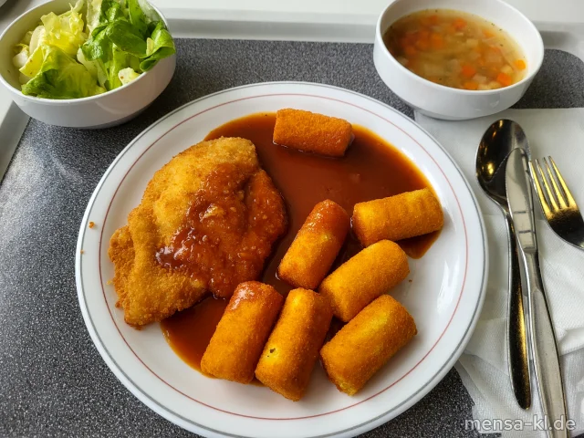 Hähnchen-Cordon-bleu mit Truthahnschinken und Käse gefüllt (1,2,Gl,La,G) mit Bratensoße (1,Gl,Sf), Kroketten (Gl) und Salat
