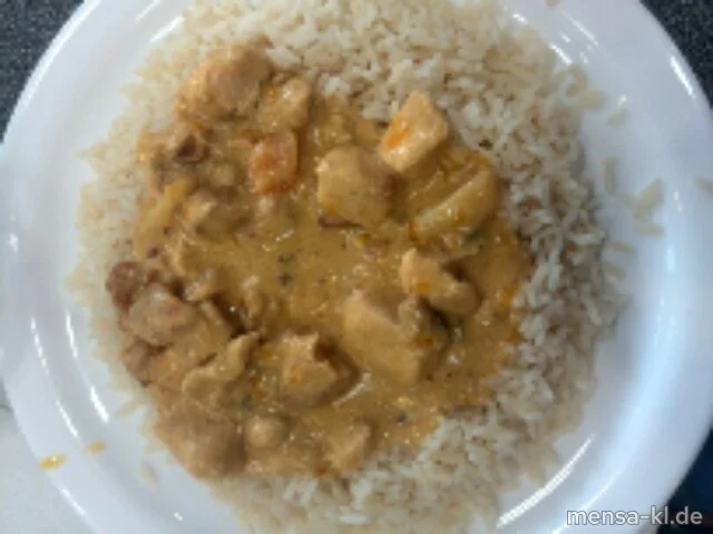 Hähnchencurry mit Früchten (1,Gl,La,Sf,G), Reis (1) und Salat