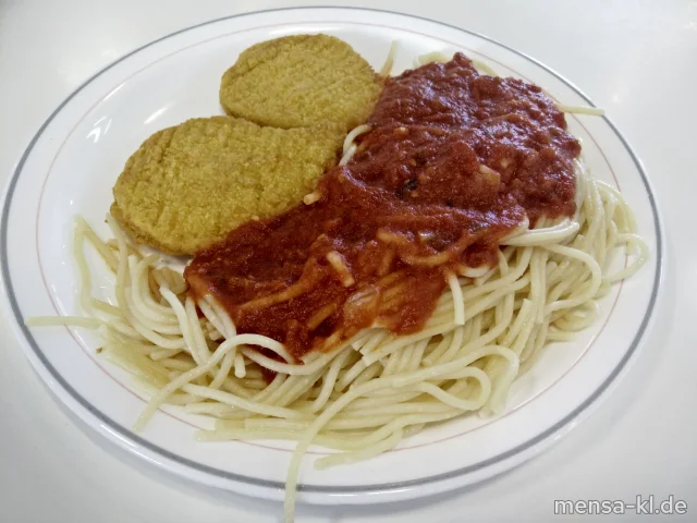 "Valess"-Schnitzel (Gl,Ei,La,V) mit Tomaten-Basilikumsoße (V), Spaghetti (1,Gl,V) und Salat (V)