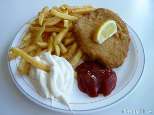 Paniertes Schweineschnitzel (Gl,S) mit Zitrone, Pommes frites und Salat
