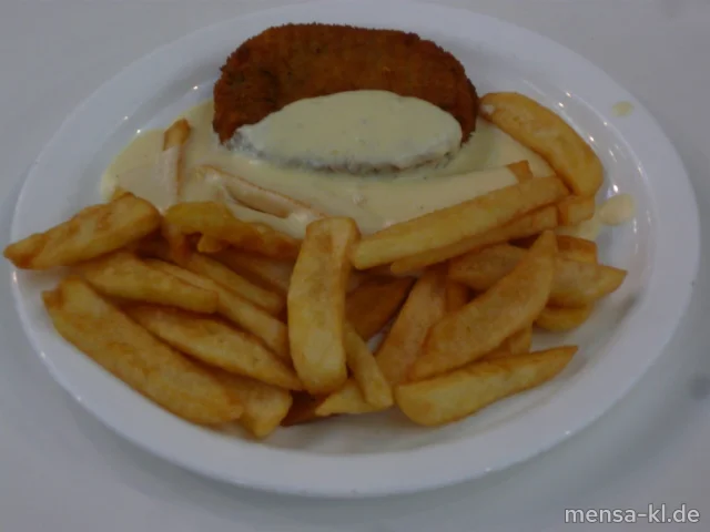 Gemüseschnitzel (Gl,Ei,La,Sl,V) mit Käse-Sahnesoße (2,3,Gl,Ei,La,V), Steakhouse-Frites (V) und Salat (V)