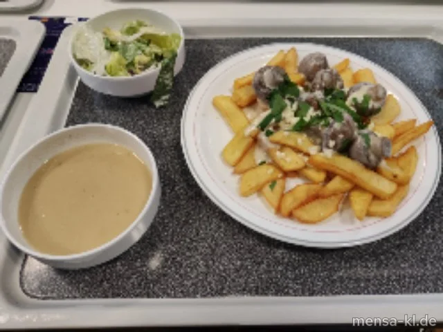 "POUTINE": Große Portion Steakhouse-Fries (V) mit Steinchampignon-Rahmsoße (Gl,La,V), Mozzarella (La,V), Petersilie (V) und Salat (V)