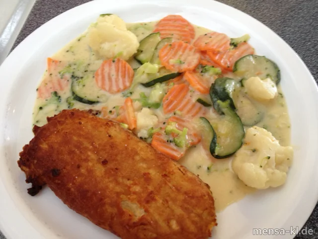 Kartoffel-Cordon bleu mit Frischkäse und Kräutern gefüllt (2,3,V), frisches Kaisergemüse (V) und Salat (V)