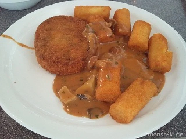 Gemüsekrusti (2) mit Pilzsoße, Kroketten (1) und Salat