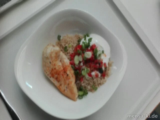 Huhnglaublich: Hähnchenbrust "Bruschetta" (G) mit Joghurt-Limetten-Dip (La) und Vollkornreis
