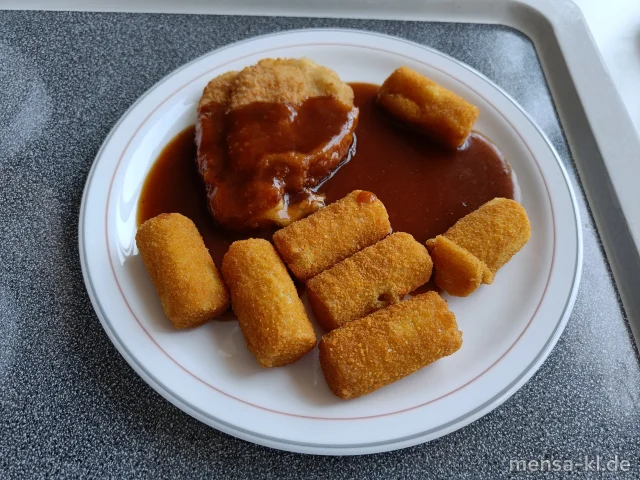 Cordon bleu mit Schinken und Käse gefüllt (1,2,3,Gl,La,S), Bratensoße (Sf), Kroketten (Gl) und Salat