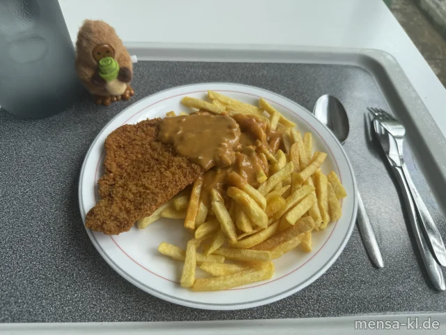 Paniertes Schweineschnitzel (Gl,Ei,S) mit Paprika-Zwiebel-Soße (Gl,La), Pommes frites und Salat (La,Sf)