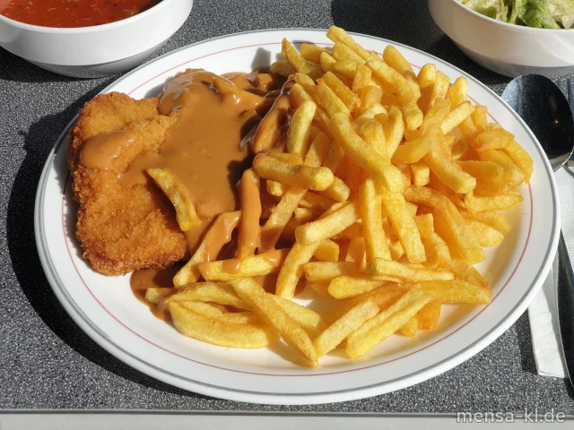 Paniertes Schweineschnitzel (Gl,Ei,S) mit Rahmsoße (Gl,La), Pommes frites und Salat (Sl,Sf)