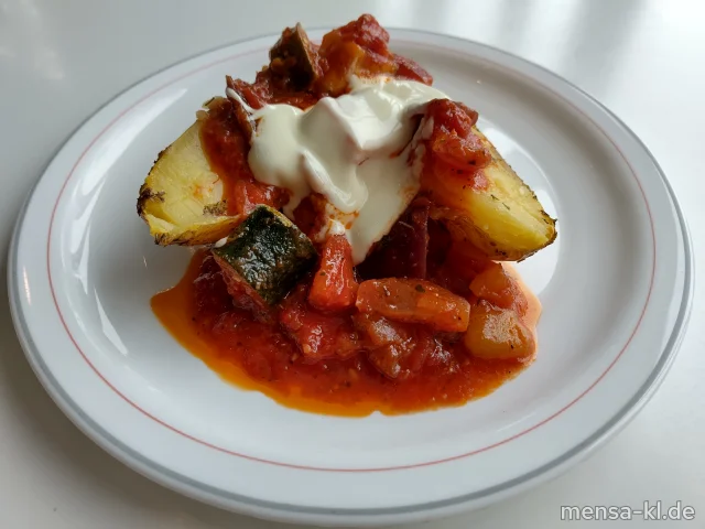 Ofenkartoffel mit Ratatouille und Limetten-Dip (Gl,Nu,Sf), dazu einen Beilagensalat nach Wahl