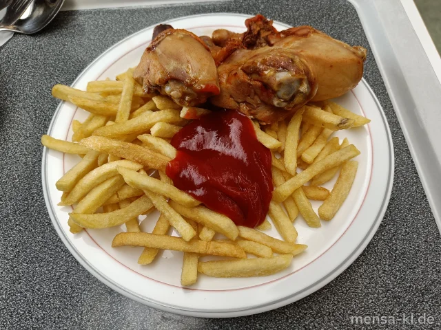 Gebackene Chicken Drums (Sf,G) mit Pommes frites und Buttermais (La)