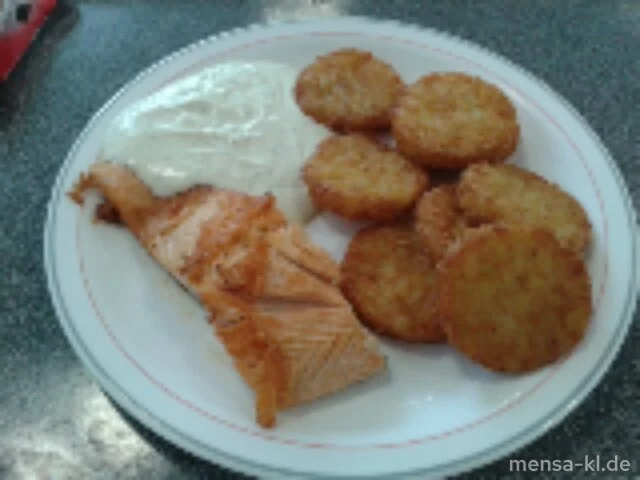 Lachsfilet (Fi) mit Senf-Dill-Dip (9,Gl,Ei,La,Sf,So) und Rösti