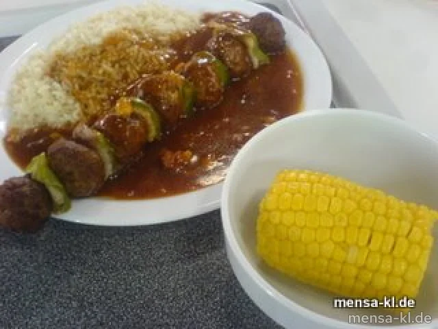 Hackfleisch-Spieß (S/R/2) mit Schaschliksoße, Reis und Buttermais