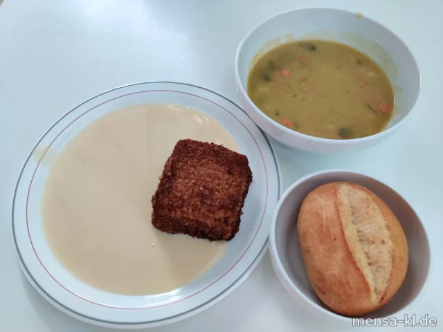 Erbseneintopf (La,Sl,V), dazu ein rostiger Ritter (1,Gl,Ei,La,So,V) mit Vanillesoße (La,V) und ein Weizenbrötchen (Gl,So,V)