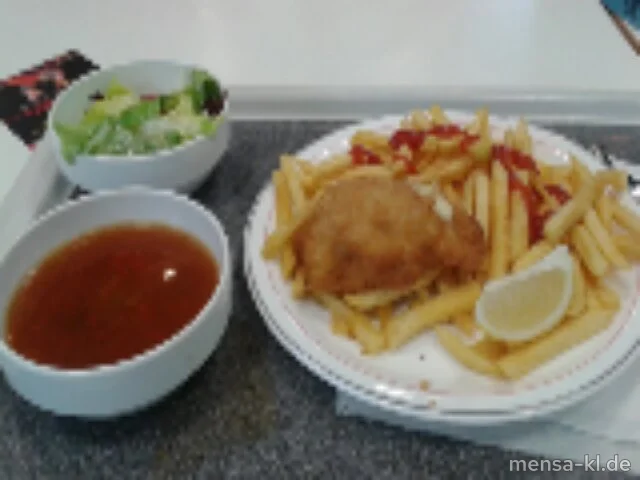 Hähnchen-Cordon-bleu mit Truthahnschinken und Käse gefüllt (1,2,Gl,La,G),, Pommes frites und Salat