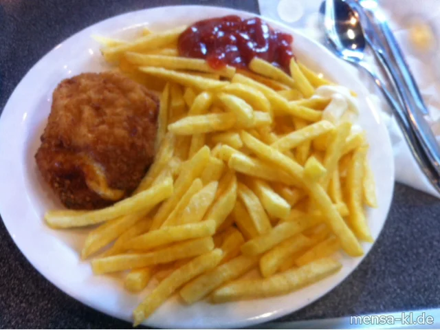 Hähnchen-Cordon bleu mit Truthahnschinken und Käse gefüllt (1,2,3,G), Pommes frites und Salat