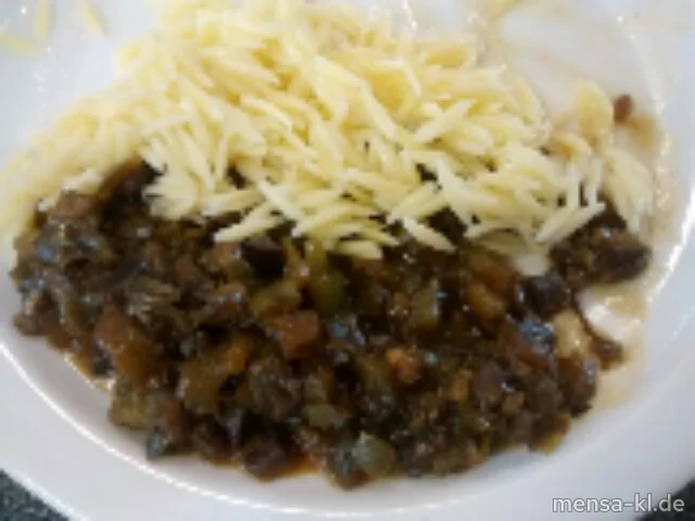 Auberginen (V,Lfrei,V+) mit Paprika (V,Lfrei,V+), Frühlingszwiebeln (V,Lfrei,V+), Ingwer (V,Lfrei,V+), dazu Nudel-Reis (V,Lfrei,V+)