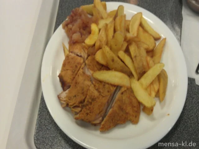 Honey Turkey (Sf,G) mit Honig-Zwiebel-Chutney (Sf,G) und Potato-Wedges