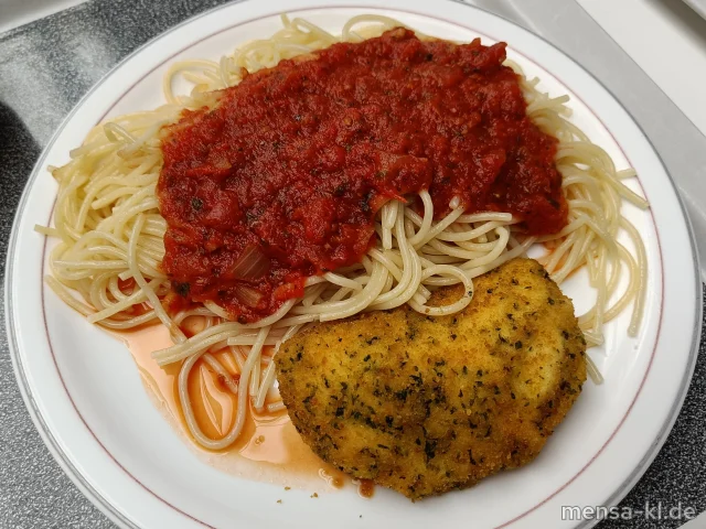 "Valess"-Schnitzel "Toskana" (1,Gl,Ei,La,Sl,V) mit Tomaten-Basilikumsoße (V), Spaghetti (1,Gl,V) und Salat (V)