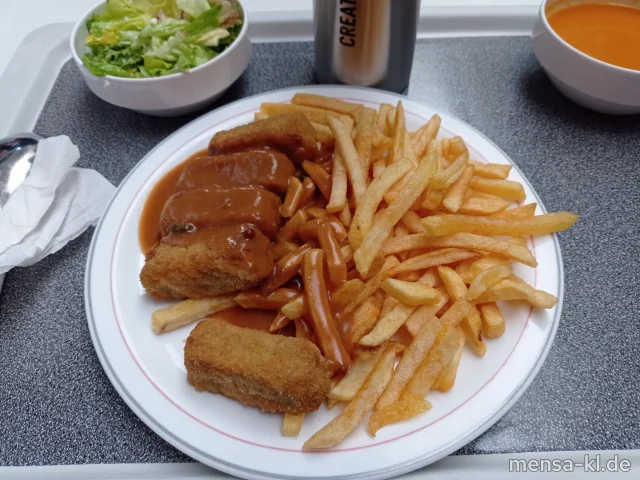 Gemüsekroketten (Gl,Sl) mit Pfeffersoße (Gl), Pommes frites und Salat