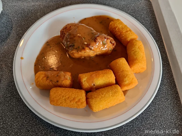 Truthahnfilet (G) mit Kräuter-Rahmsoße (Gl,La), Kroketten (Gl) und Salat