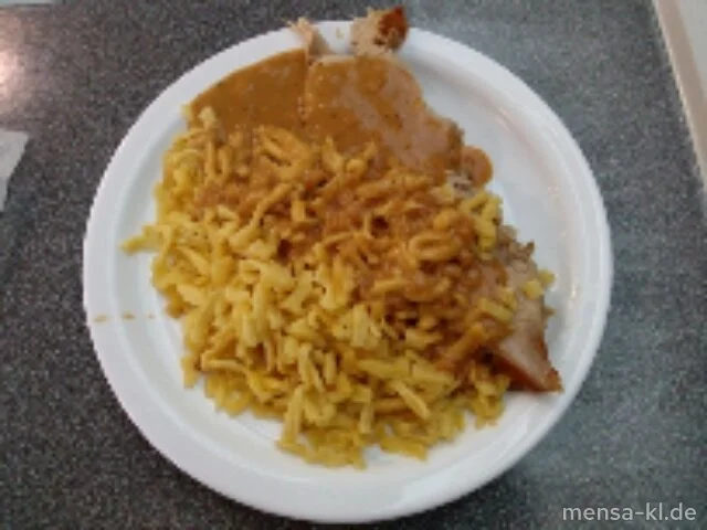 Kalbsbraten (K) mit Rahmsoße (9,Gl,La,Sf) und Spätzle (1,Gl,Ei,La)