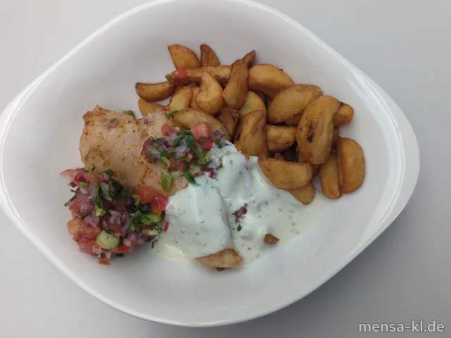 Hähnchenbrust Bruschetta (G) mit Limetten-Joghurt-Dip (La) und Potato-Wedges
