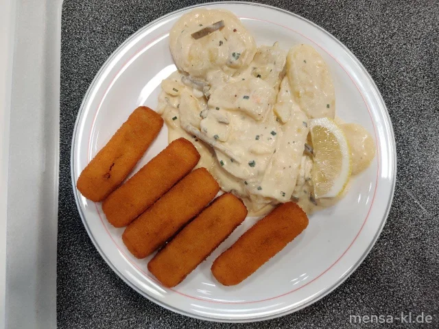 Fischstäbchen (Fi,Gl), Kartoffelsalat mit Remouladendressing (1,5,9,Gl,Ei,La,Sw,Sf,So), Zitrone und Salat