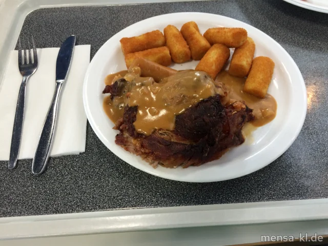 Kalbsbraten (K) mit Rahmsoße (9,Gl,La,Sf) und Kroketten (Gl)