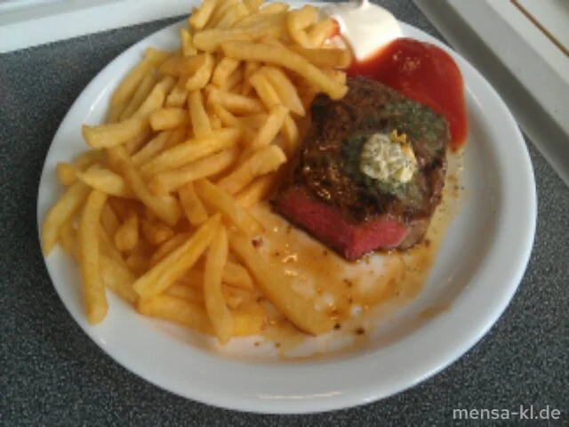 Argentinisches Rumpsteak (R) mit Kräuterbutter und Pommes-Frites