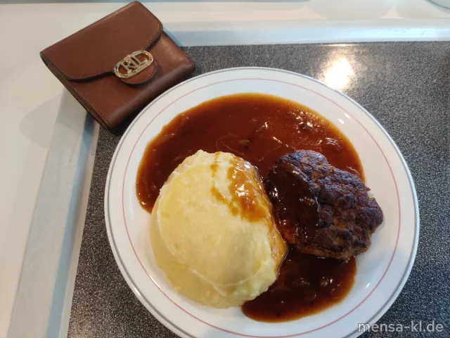 Frikadelle (Gl,Ei,S) mit Zwiebelsoße (Gl), Grumbeer-Stampes (5,La,Sw) und Erbsen-Karotten-Gemüse (La)