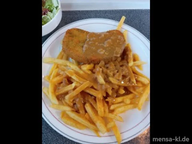 Gemüseschnitzel (Gl,Sl) mit Zwiebel-Rahmsoße (Gl), Pommes frites und Salat