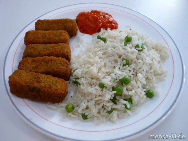 Gemüsekroketten (Gl,Sl,V,V+) mit Ajvar-Dip, Erbsen-Reis (V,V+) und Salat (V,V+) | Vegan