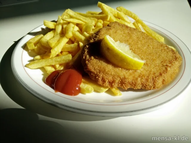Paniertes Schweineschnitzel "Wierner Art" (Gl,S), Zitrone, Pommes frites (Gl) und Salat
