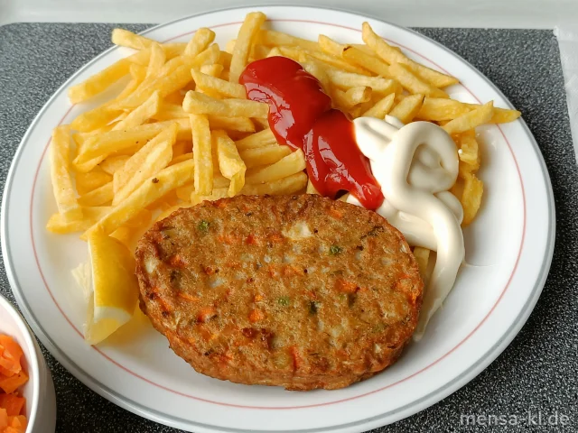 Vollkorn-Pilz-Bratling (Gl,Ei,Sl), Zitrone, Pommes frites und Karottengemüse (La)
