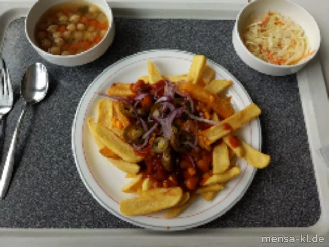 "Chili Cheese Fritten": Große Portion Steakhouse-Fries (V) mit hausgemachtem Gemüse-Chili (Gl,La,Sl,So,V), geriebenem Cheddar (1,La,V), roten Zwiebeln (V), dazu "Coleslaw" (1,5,Ei,La,Sw,So,V)