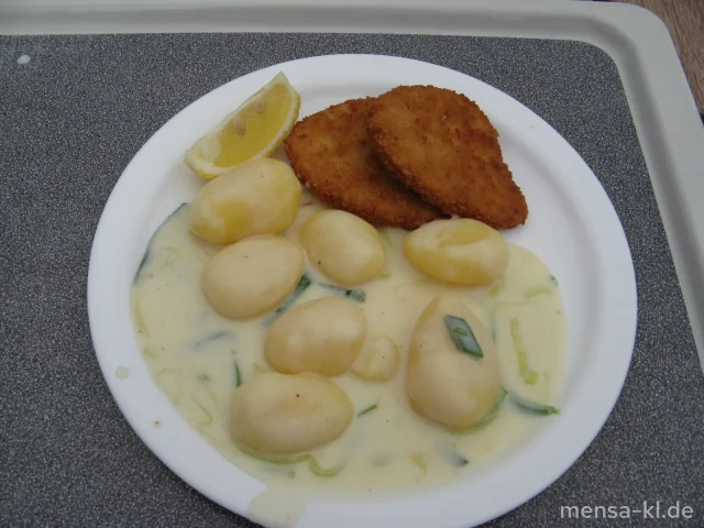 Schnitzel "Valess" (V) mit Béchamel-Lauchkartoffeln (V,A) und Salat (V)