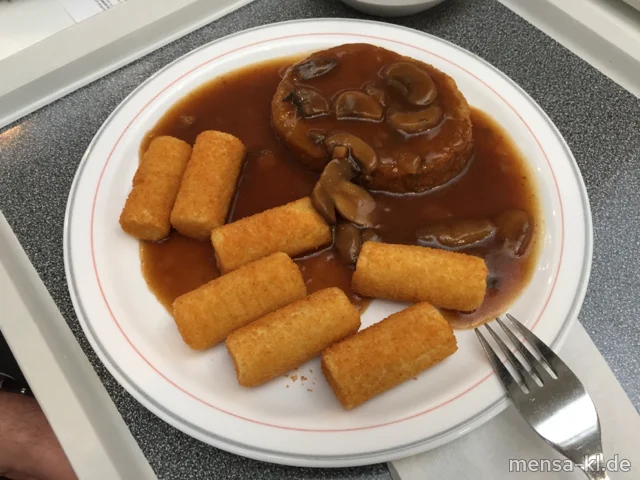Gemüsekrustie (Gl,Ei,La,Sl,V) "Jäger Art" (Sf,V) mit Kroketten (Gl,V) und Salat (V)