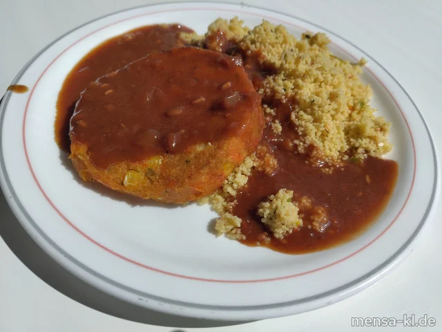 Sunny Burger (Gl,Sf) mit Zwiebel-Granatapfelsoße (1), Couscous (Gl,Sl) und Salat