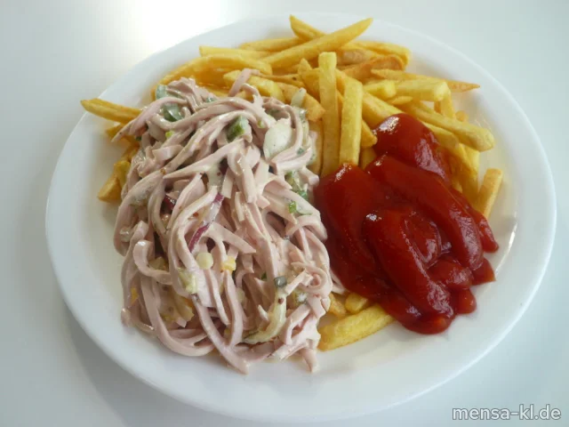 Bunter Wurstsalat in Senfdressing (1,2,3,5,8,9,Gl,Ei,La,Sw,Sf,So,R,S), Pommes frites und Salat