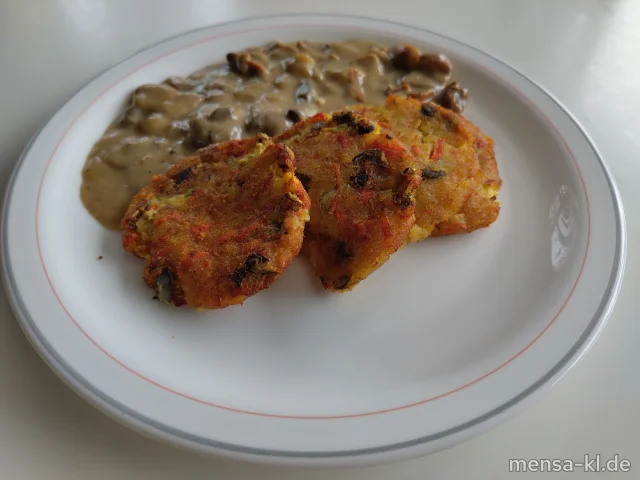 Karotten-Kürbiskern-Rösti (Gl,Sl), dazu Waldpilzpfanne (Sl,Sf,So) und ein Beilagensalat nach Wahl