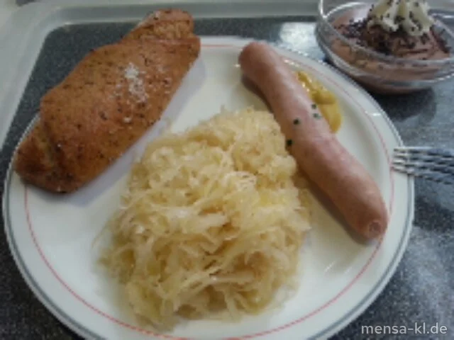 Lakservelat (2,3,8,S,Lfrei) mit Rieslingsauerkraut (Lfrei,A) und Winzerknorze (Lfrei)